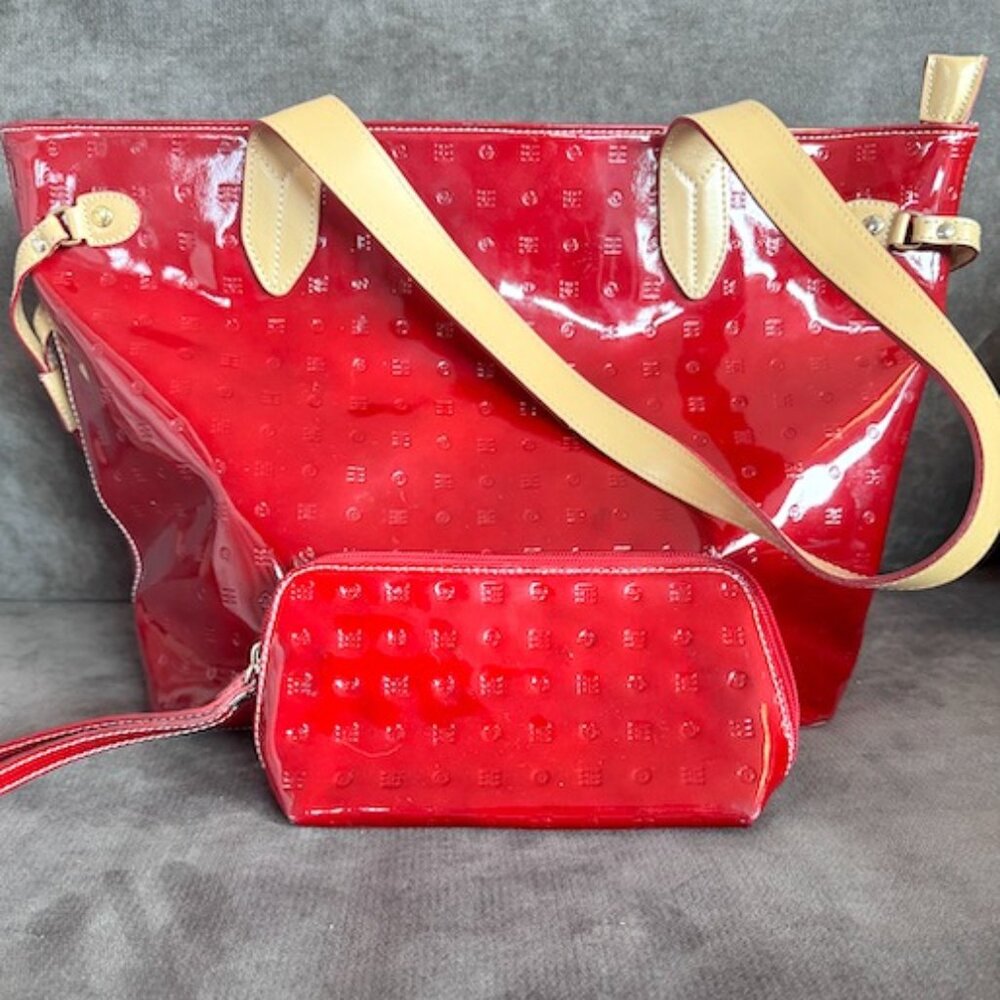 Arcadia Italian Red Patent Leather Large Shoulder Bag Tote + Makeup Bag